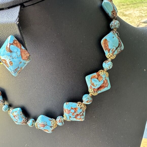 VTG‎ Venetian Turquoise Aventurine Murano Glass Bead Necklace + Earrings 18" - Picture 3 of 13